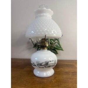 Vintage Currier & Ives Milk Glass Oil Lamp Hobnail Shade Hurricane Lamp Cottage